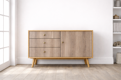 Vinilo decorativo efecto madera gris natural colocado sobre un mueble