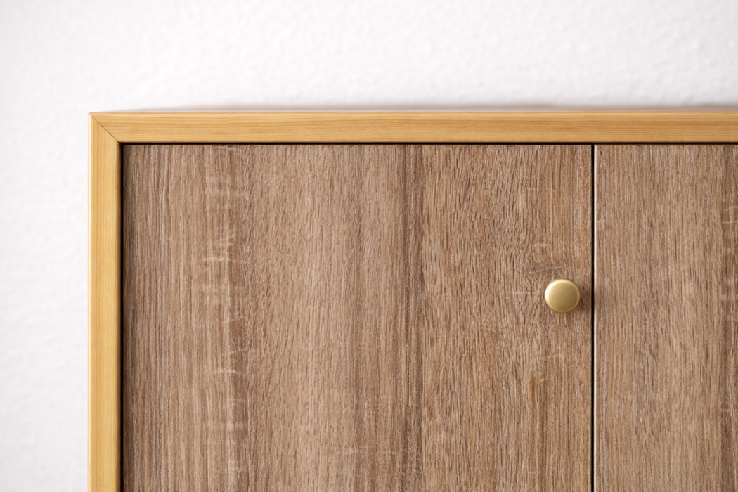 Detalle del vinilo efecto madera gris natural colocado en la esquina de un mueble