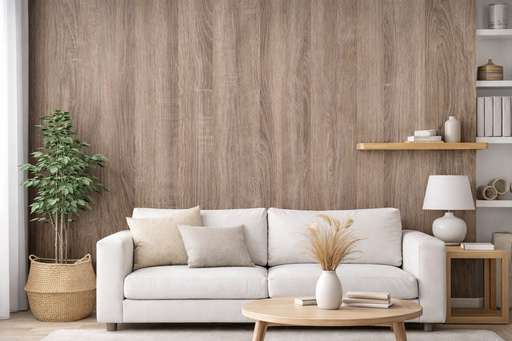 Vinilo decorativo efecto madera gris natural aplicado en pared detrás de un sofá