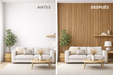 Comparación de pared antes y después de aplicar vinilo efecto madera roble cálido