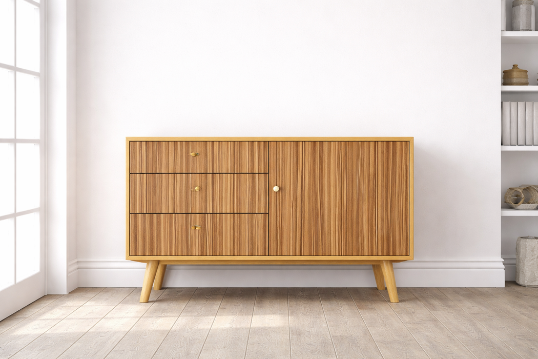 Vinilo decorativo efecto madera roble cálido colocado sobre un mueble