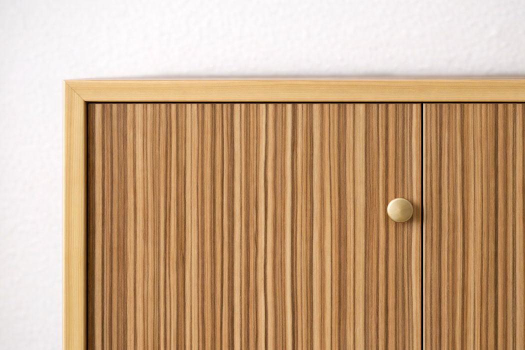 Detalle del vinilo efecto madera roble cálido colocado en la esquina de un mueble