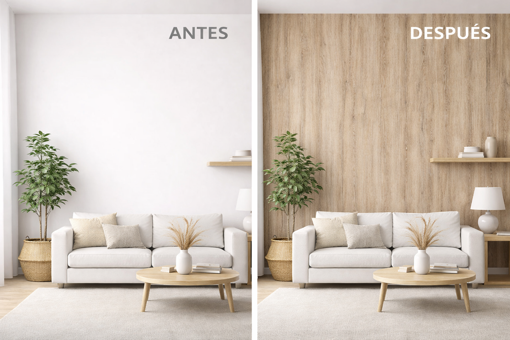 Comparación de pared antes y después de aplicar vinilo efecto madera natural suave