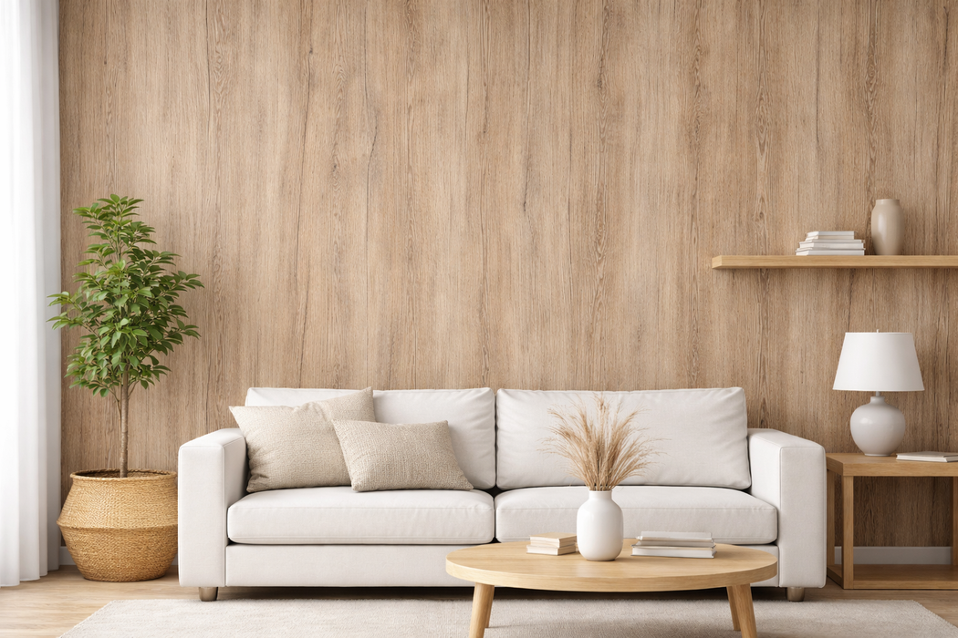 Vinilo decorativo efecto madera natural suave aplicado en pared detrás de un sofá