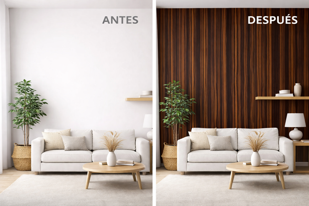 Comparación de pared antes y después de aplicar vinilo efecto madera oscura cálida