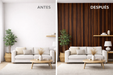 Comparación de pared antes y después de aplicar vinilo efecto madera oscura cálida