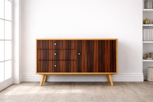 Vinilo decorativo efecto madera oscura cálida colocado sobre un mueble