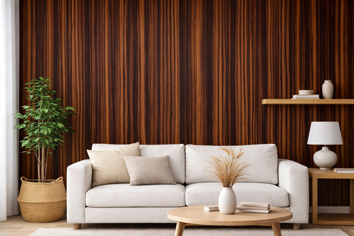 Vinilo decorativo efecto madera oscura cálida aplicado en pared detrás de un sofá