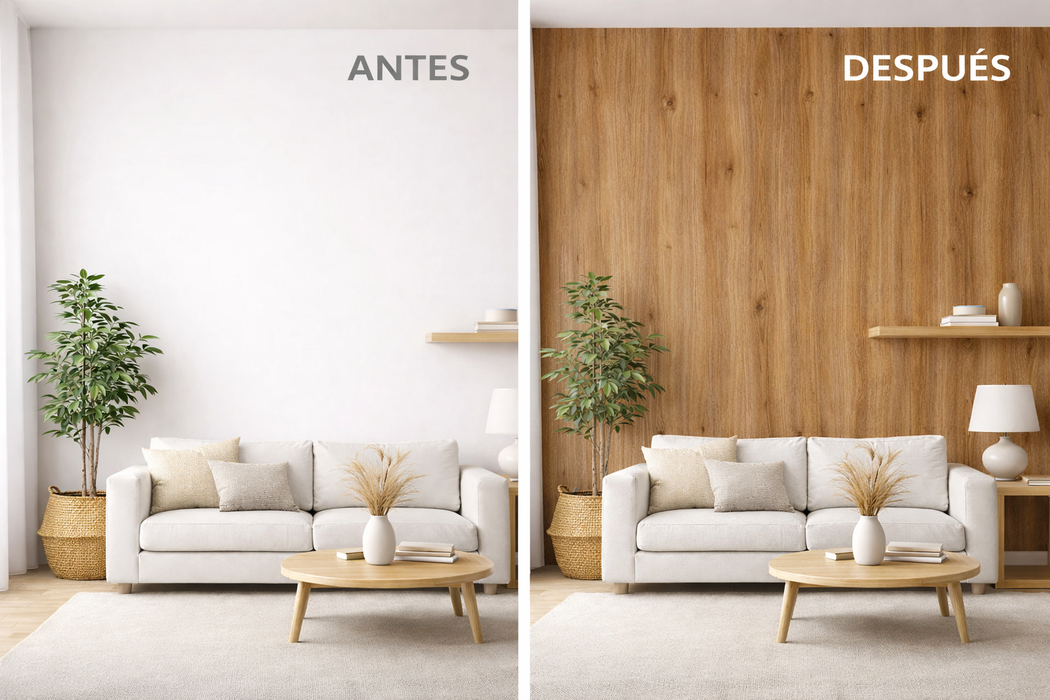 Comparación de pared antes y después de aplicar vinilo efecto madera roble cálido