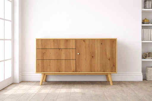 Vinilo decorativo efecto madera roble cálido colocado sobre un mueble