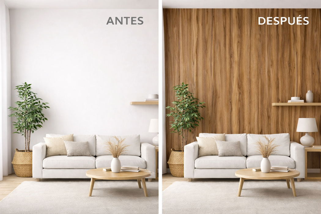 Comparación de pared antes y después de aplicar vinilo decorativo efecto madera