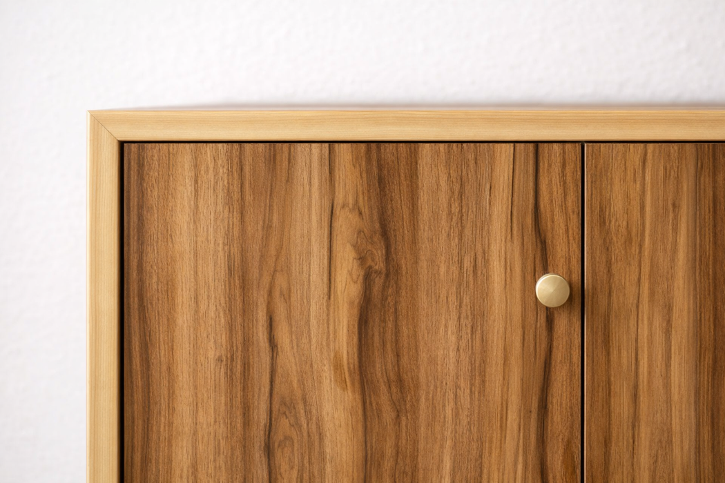 Detalle del vinilo efecto madera colocado en la esquina de un mueble