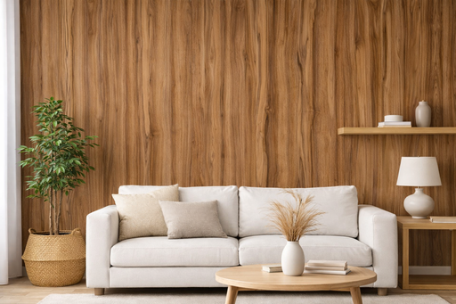 Vinilo decorativo efecto madera aplicado en pared de salón, detrás de un sofá